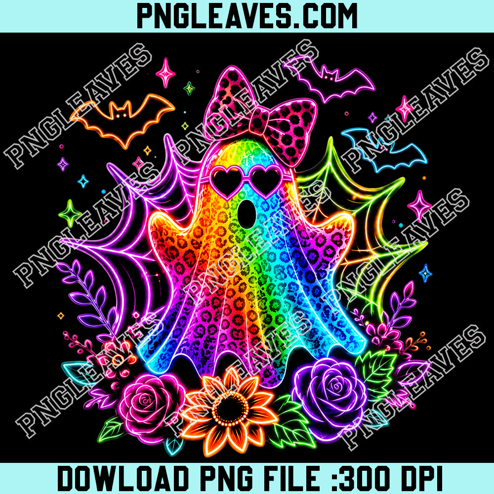 Neon Rainbow Ghost PNG, Cute Halloween Ghost PNG, Leopard Ghost PNG
