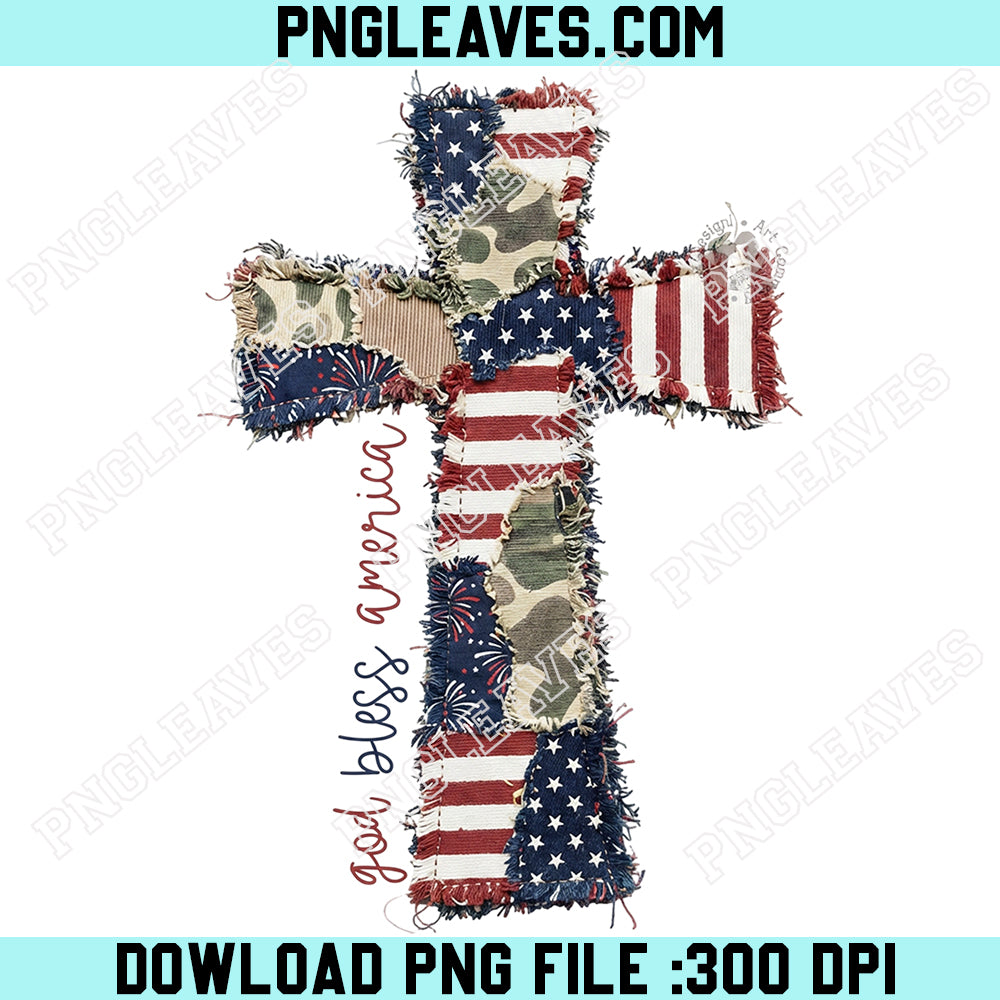 Patchwork 4Th Of July Cross Png, God Bless America Png, Christian Png