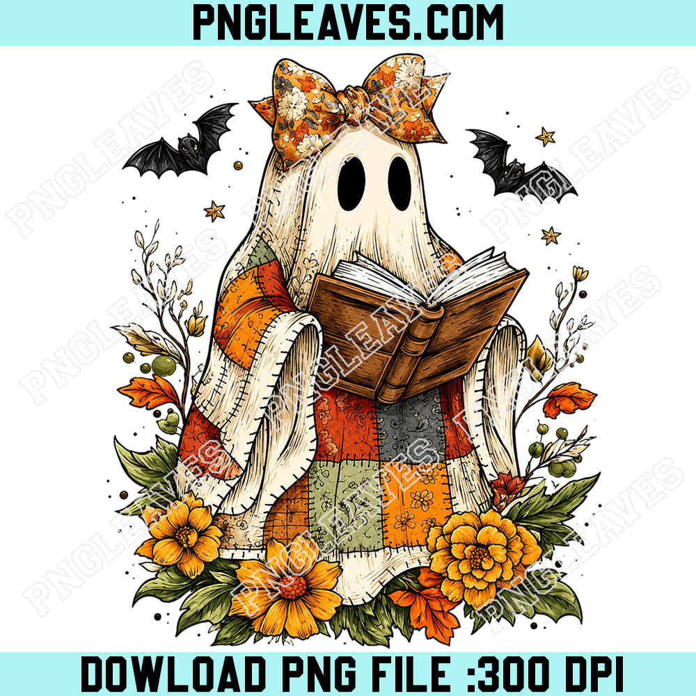 Teacher Retro Spooky Floral PNG, Patchwork Ghost Reading Books PNG, Ghost Halloween PNG