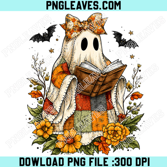 Teacher Retro Spooky Floral PNG, Patchwork Ghost Reading Books PNG, Ghost Halloween PNG