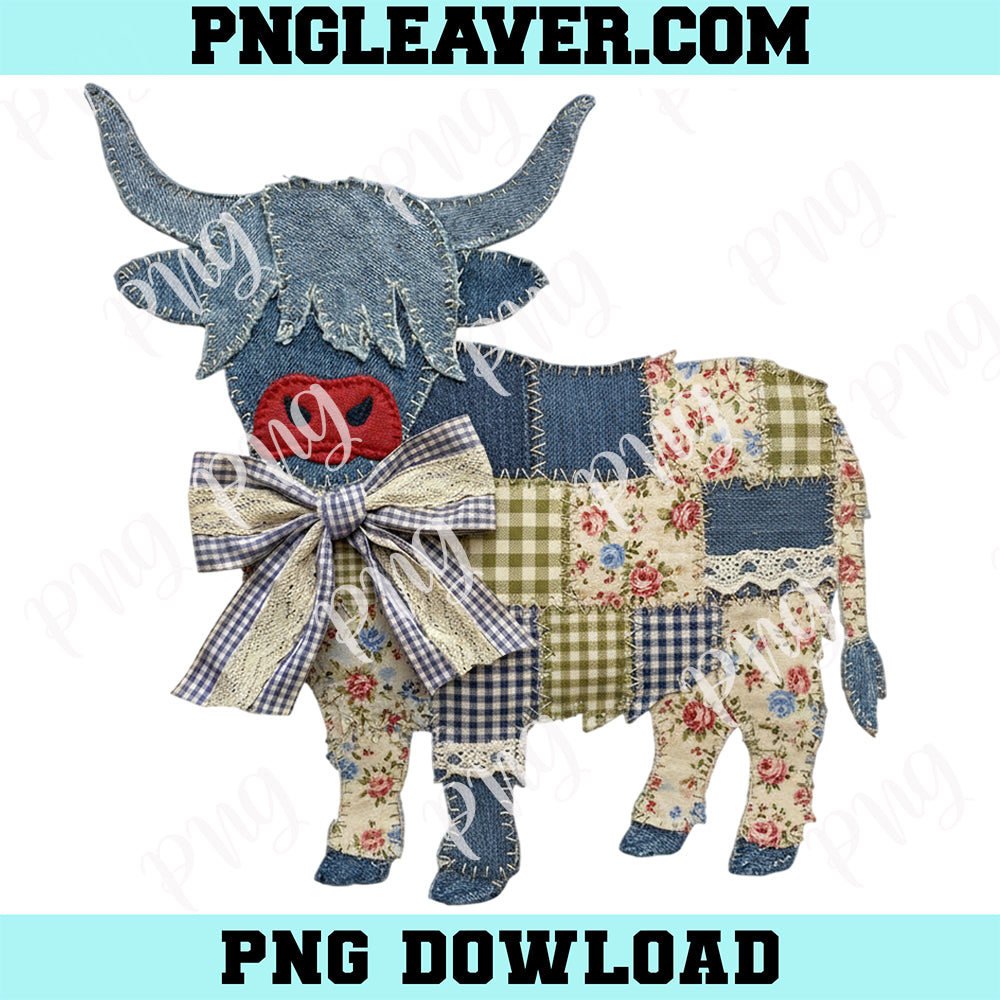 Grandmacore Coquette Cow Png, Patchwork Highland Cow PNG, Floral Gingham Faux Patchwork Png