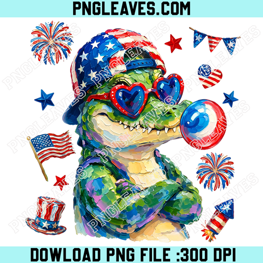 Patriotic Alligator Paint Png, 4th of July Crocodile Sunglasses Bubble Gum Png