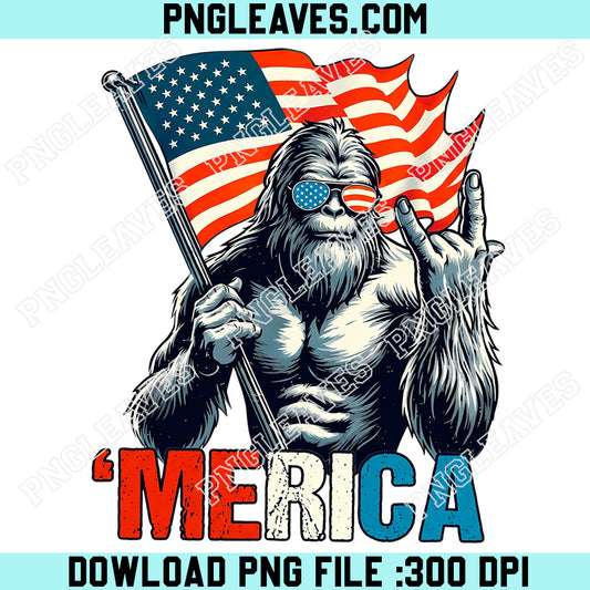 Patriotic Bigfoot Merica Png, 4th of July Sasquatch With USA Flag Png