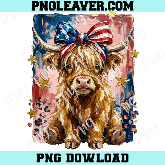 Patriotic Highland Cow Oil Paint Png, 4th of July Cow With Bow Png