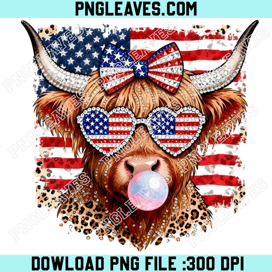 Patriotic Highland Cow Png, Coquette Bow Leopard USA Flag Retro Rhinestone Girly Png