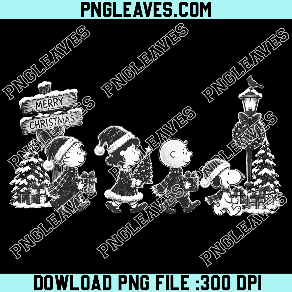 Peanuts characters walking in snow with Christmas sign PNG, Charlie Brown holiday parade PNG
