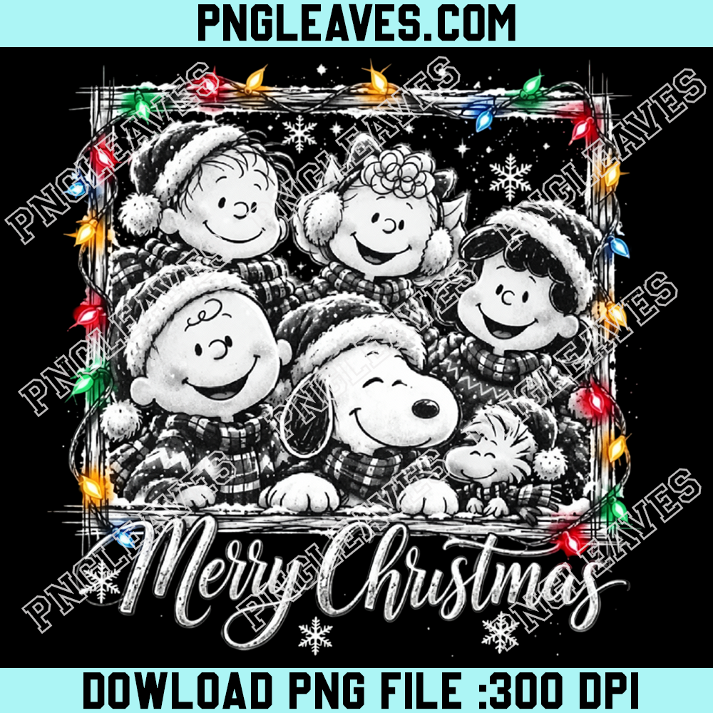 Peanuts gang Merry Christmas glowing lights frame PNG, Charlie Brown holiday portrait PNG