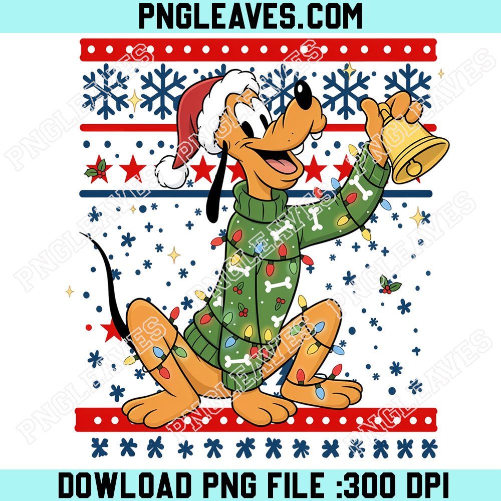 Pluto Christmas Snowflake Pattern PNG, Disney Dog Ringing Golden Bell Festive Winter Lights Design