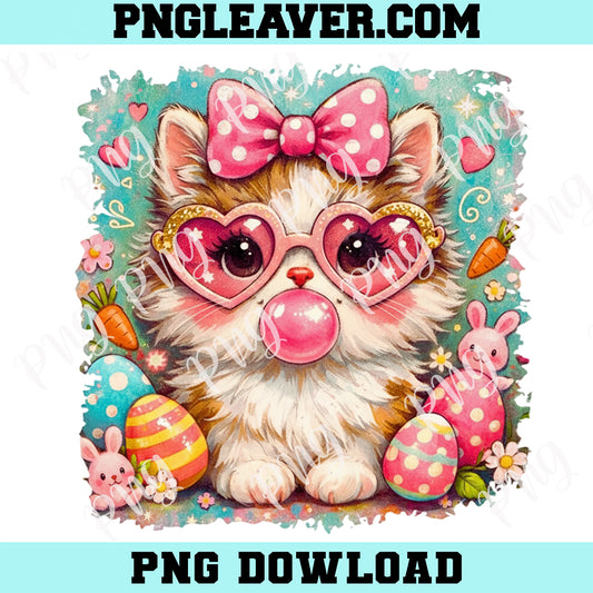 Preppy Easter Cat Blow Bubbles Png, Cute Easter Cat Png, Spring Kitty Png