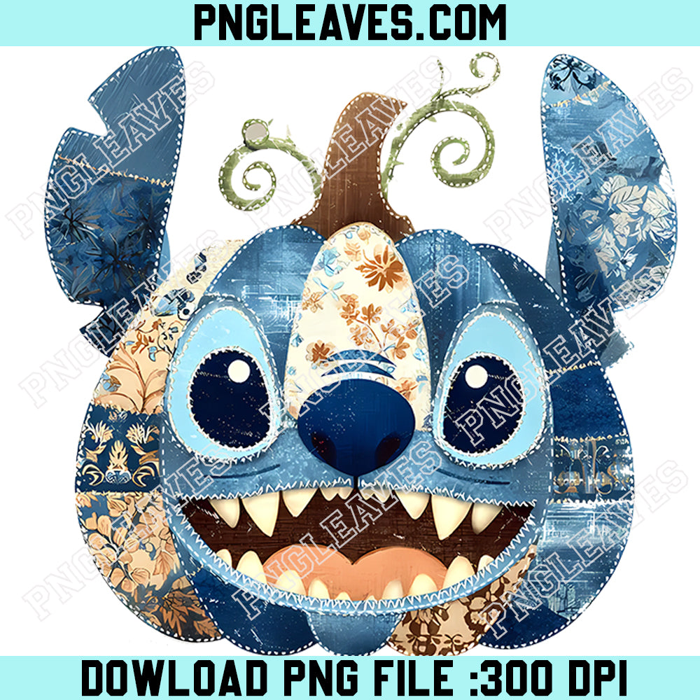 Stitch Blue Alien Cartoon Pumpkin PNG, Preppy Fall Floral Movie Character Pumpkin PNG