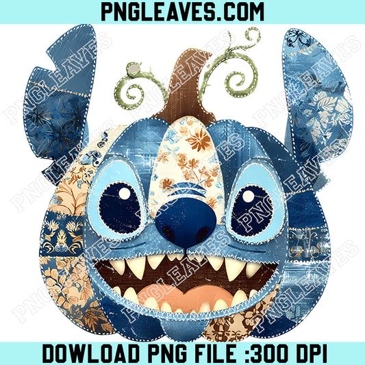 Stitch Blue Alien Cartoon Pumpkin PNG, Preppy Fall Floral Movie Character Pumpkin PNG