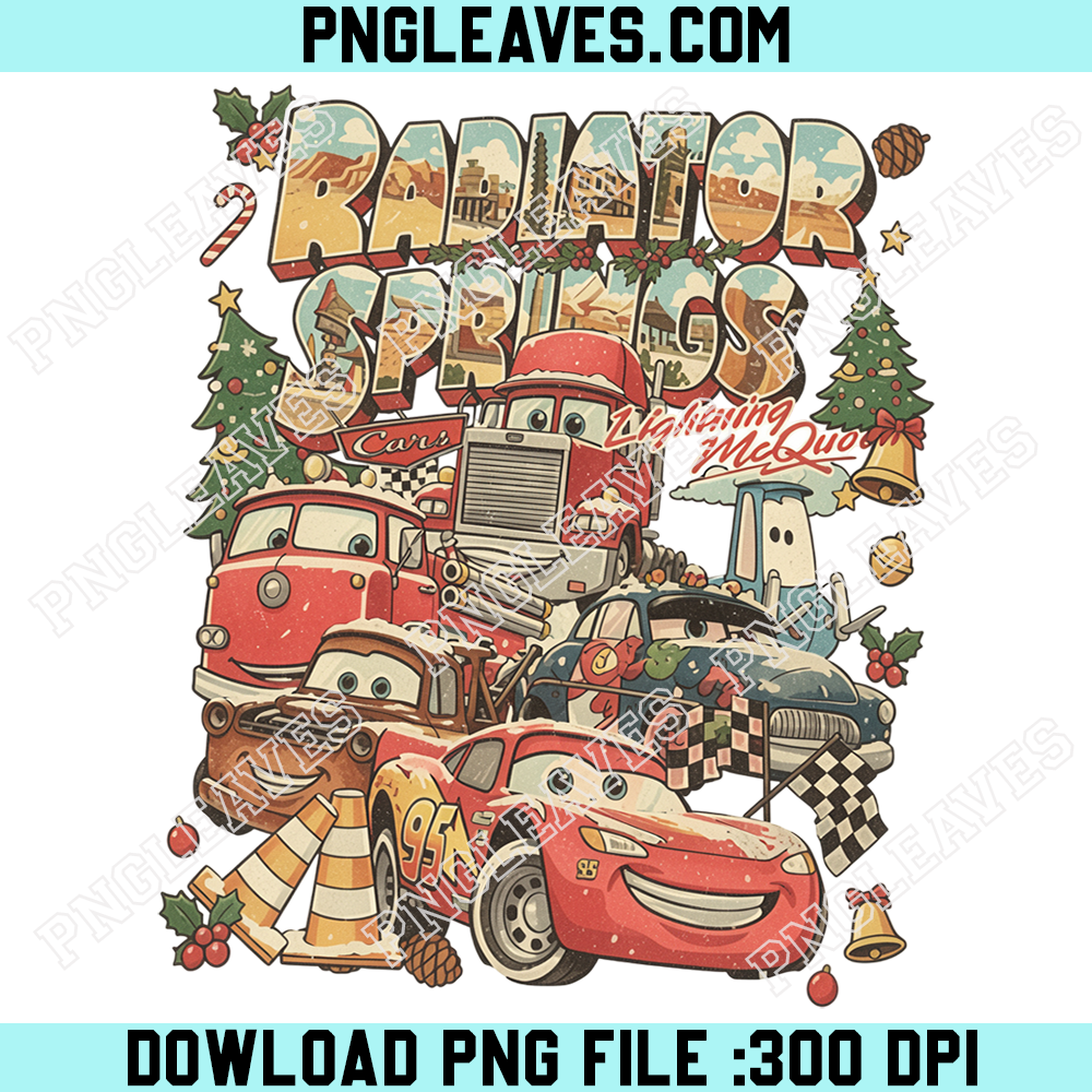 Retro Cars Radiator Springs Christmas PNG, Lightning McQueen Mater Holiday Banner PNG