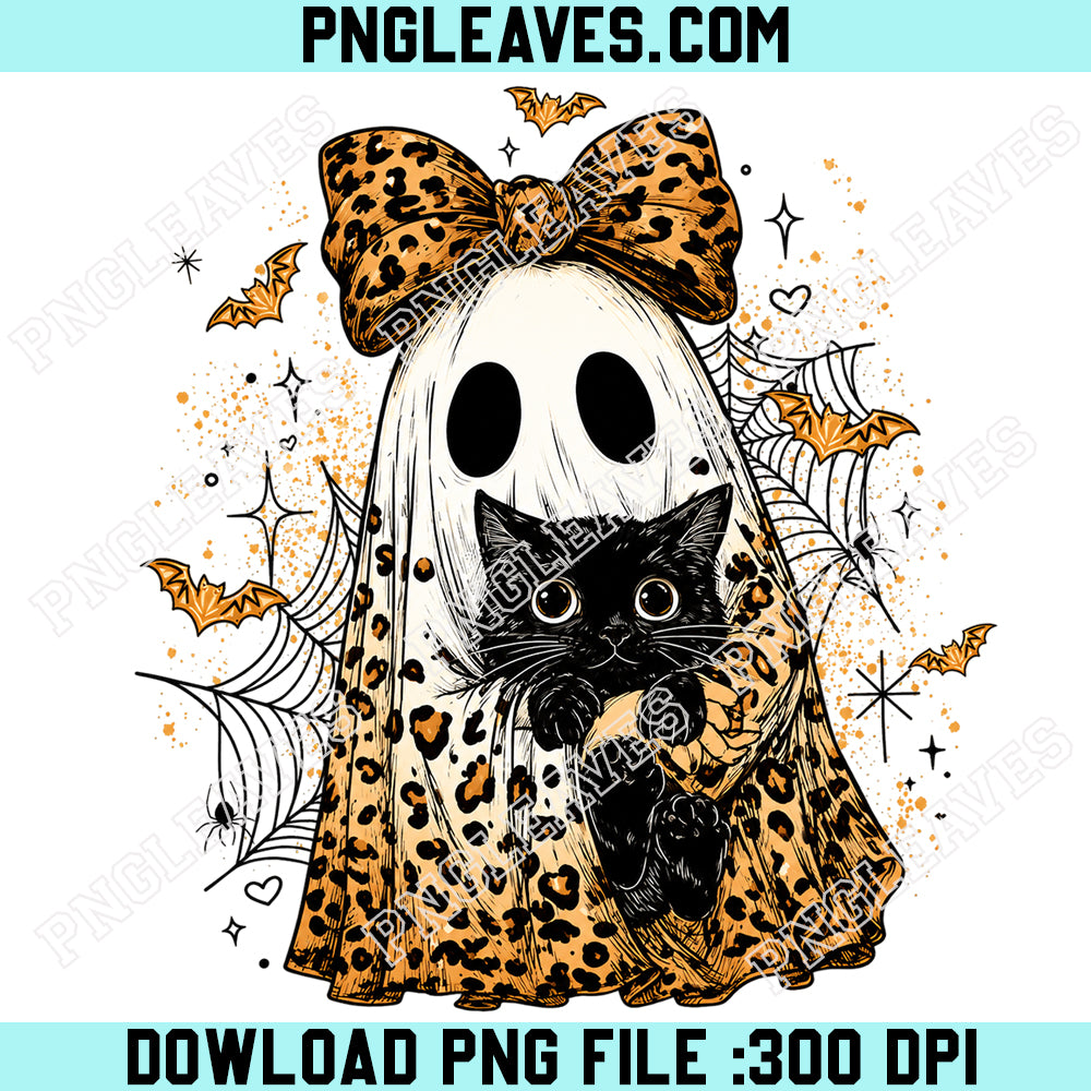 Retro Halloween Ghost And Cat PNG, Leopard Spooky Coquette PNG, Preppy Ghost Boo PNG