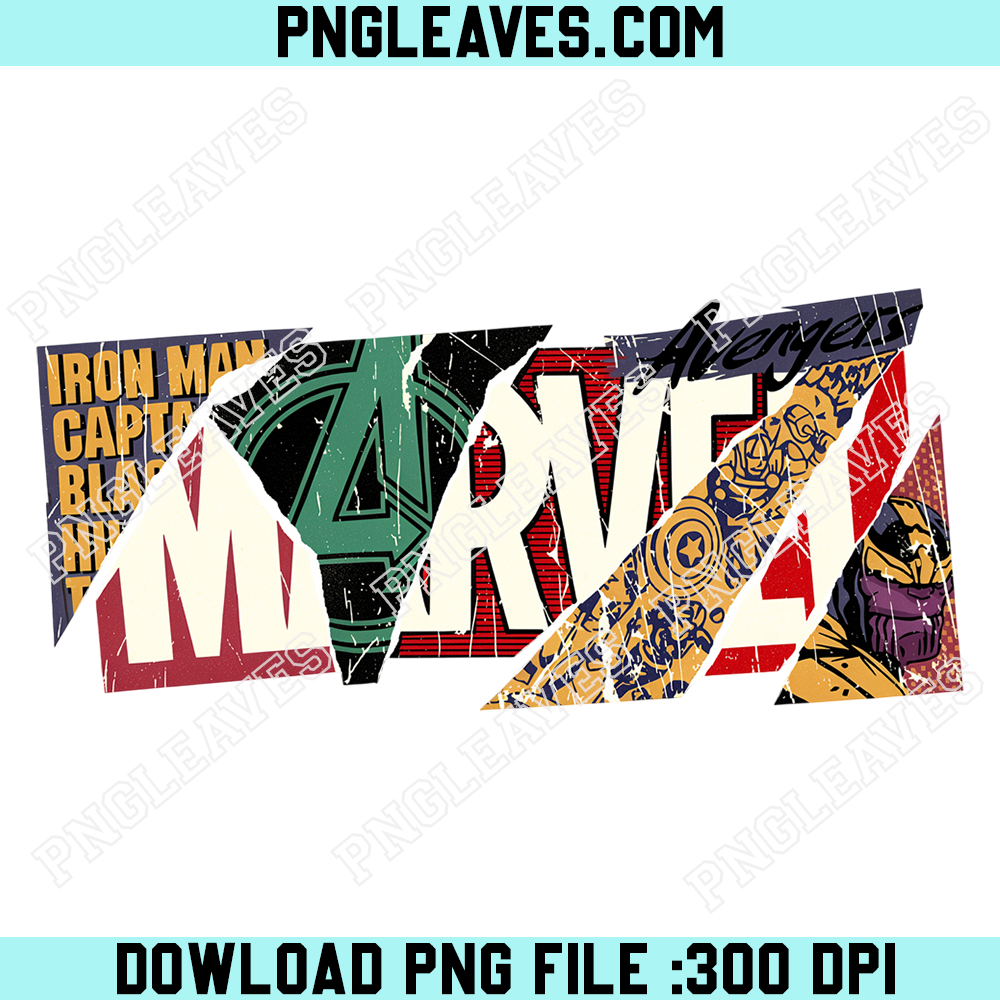 Retro Marvel Comic Heroes Logo PNG, Avengers Spiderman Iron Man Thanos Art PNG