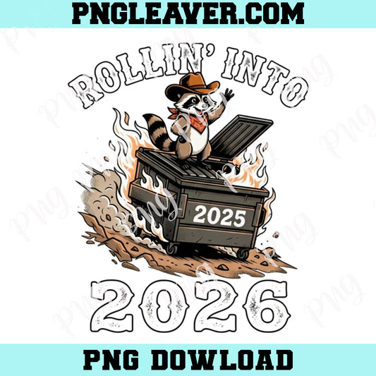 Rollin Into 2026 PNG, Funny Raccoon Cowboy Flaming Dumpster New Year Design Png