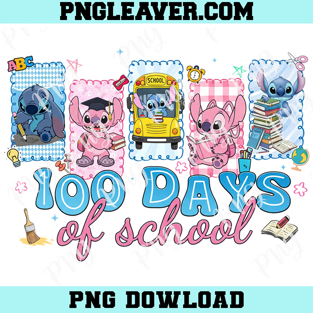 Preppy Stitch School 100th Day Cartoon Png, 100 Days Of School Blue Alien Cartoon Png