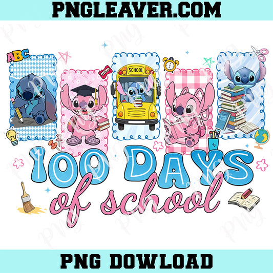 Preppy Stitch School 100th Day Cartoon Png, 100 Days Of School Blue Alien Cartoon Png