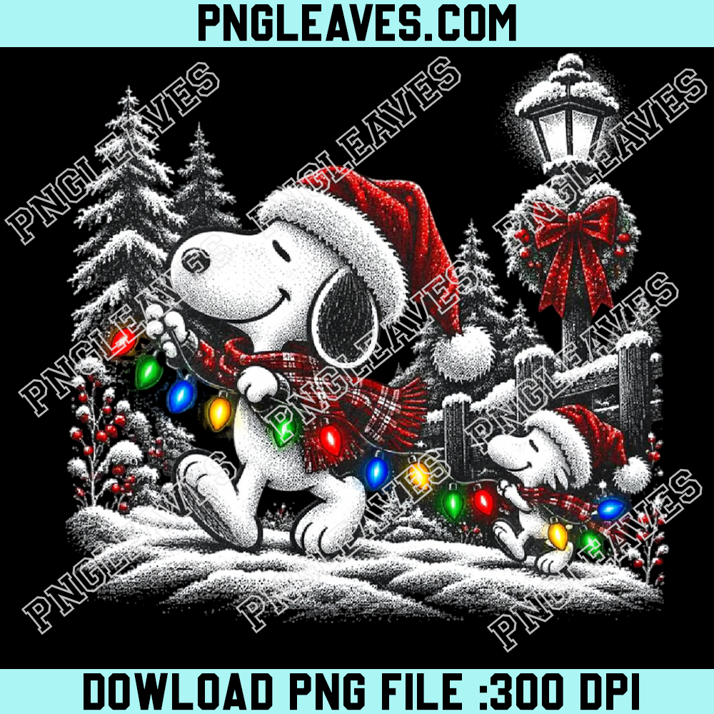 Snoopy and Woodstock walking with Christmas lights in snow PNG, Peanuts winter night scene PNG