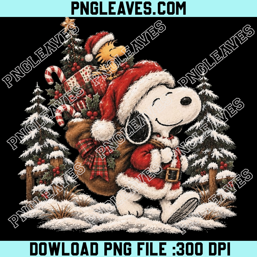 Snoopy carrying Santa sack with gifts and candy canes PNG, Classic Peanuts Christmas vector PNG