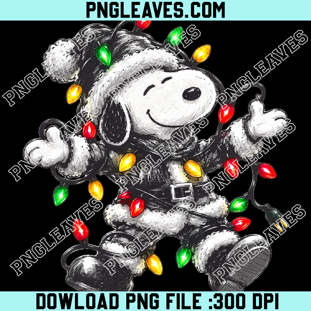 Snoopy wrapped in festive Christmas string lights PNG, Happy cartoon dog holiday decoration PNG