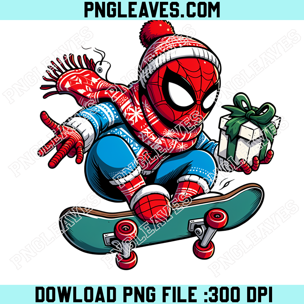 Spiderman Christmas Skateboarding Gift PNG, Marvel Spider Hero Winter Scarf Snowy Holiday Action Design