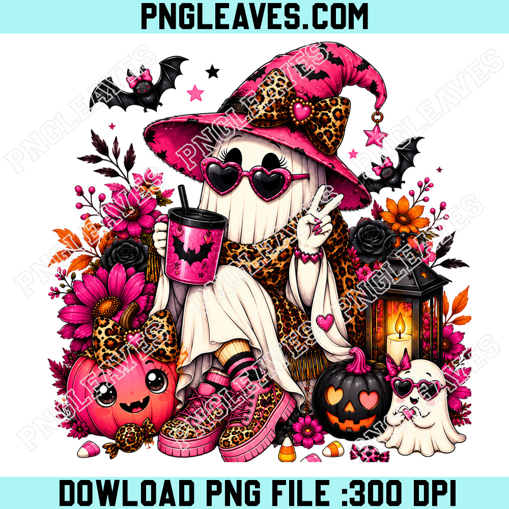 Spooky Fall Coffee Ghost Cute PNG, Cute Halloween Coffee PNG, Pink Witch Ghost PNG