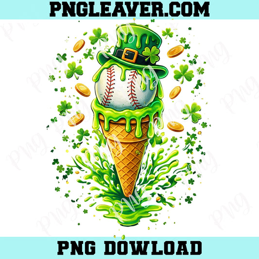 St. Patrick's Day Baseball Drip Ice Cream Png, Lucky Ice Cream Baseball Shamrock Drip Png