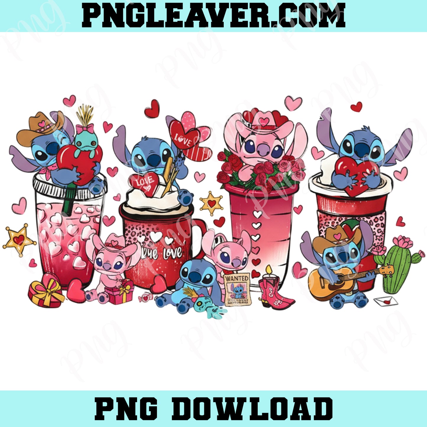 Stitch Coffee Valentine's Day Png, Disney Love Valentine Png, Lilo And Stitch Heart Png
