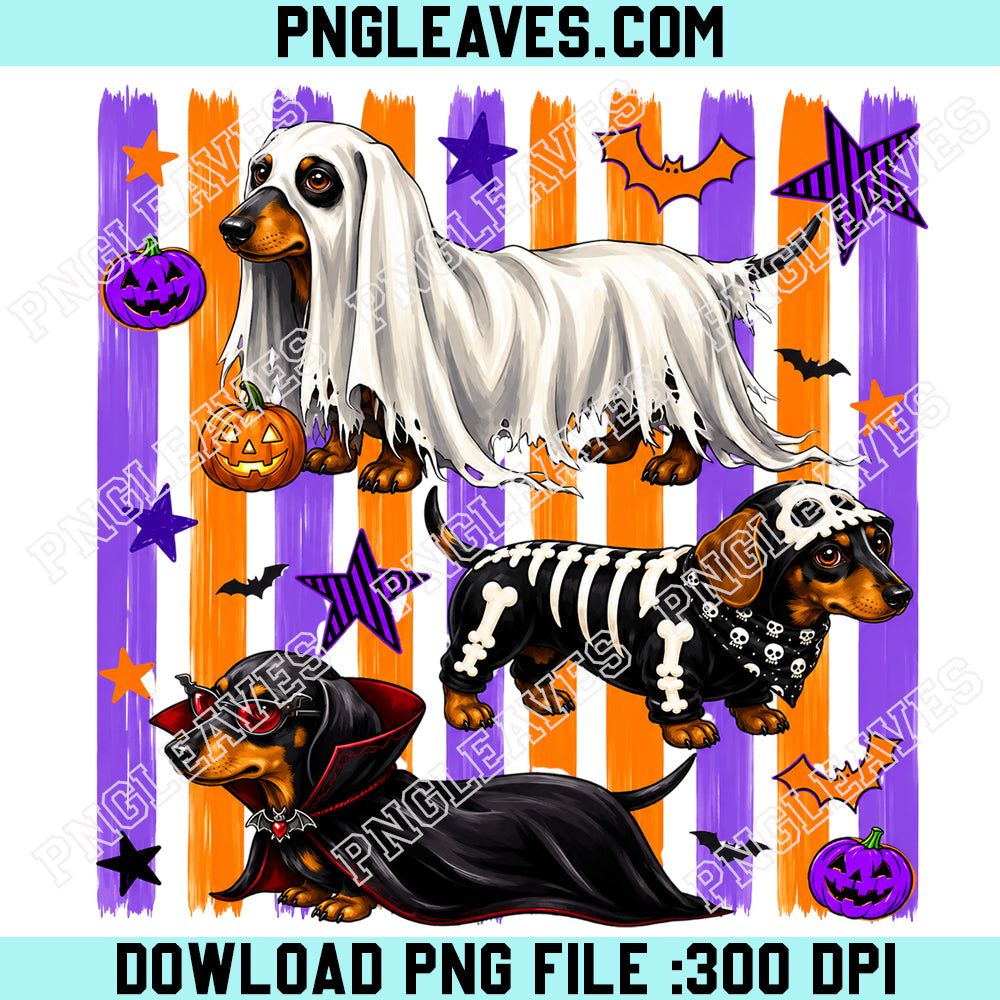 Striped Halloween Dachshund PNG, Ghost Skeleton Vampire Weiner Dog PNG, Spooky PNG