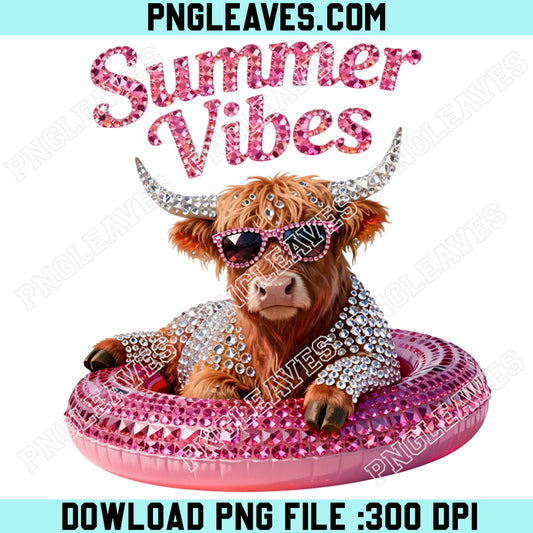 Summer Vibes Highland Cow Rhinestone PNG, Rhinestone Glam Pool Float Png