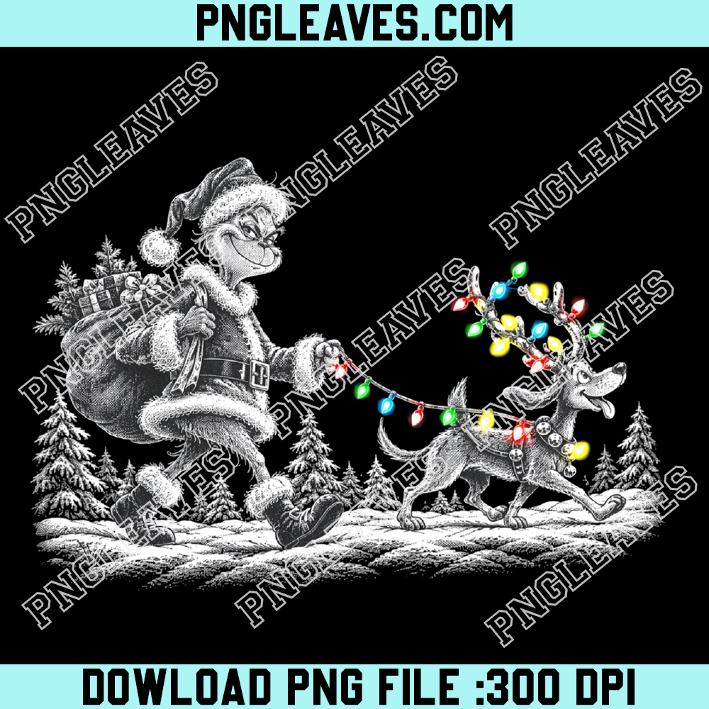 The Grinch walking with Max in reindeer antlers PNG, Dr Seuss Christmas holiday transparent PNG