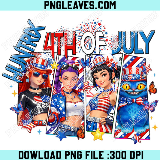 Trendy 4th of July K-Pop Girl Huntrix Group Png, Patriotic Idol Squad Png, USA Fireworks Kpop Png