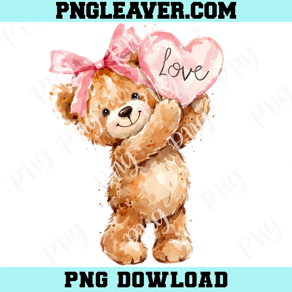 Love Heart Bear Coquette Valentines Png, Cute Teddy Lover Png, Pink Bow Png