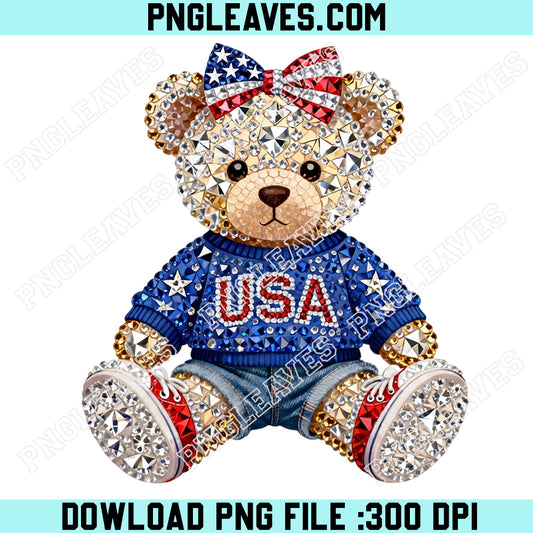 Rhinestone USA Teddy Bear 4th of July Png, Patriotic Rhinestone American Flag Bow Png