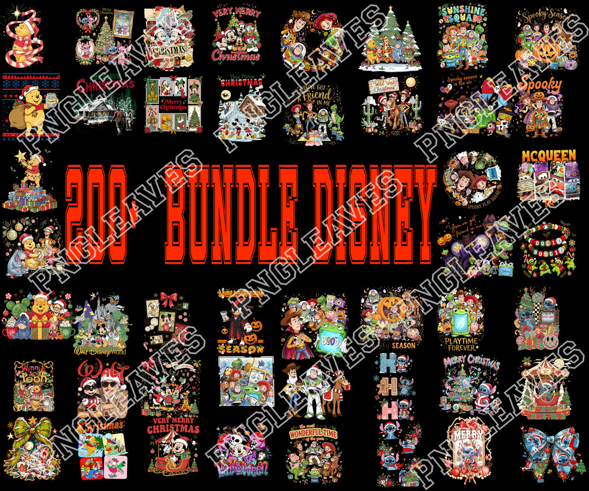 Disney Christmas and Halloween PNG Bundle, Winnie the Pooh Stitch Mickey Mouse Toy Story and Disney Character Holiday Designs, 200 Bundle Disney PNG