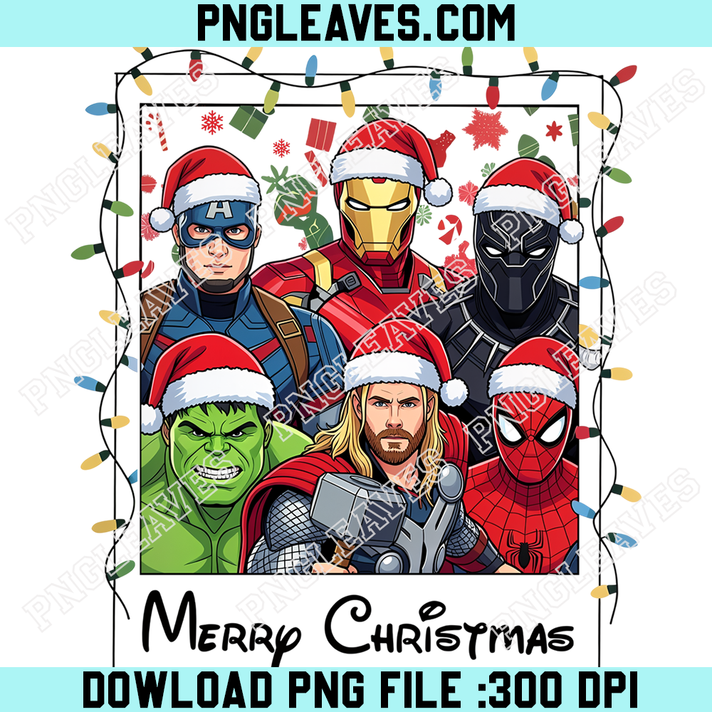 Marvel Avengers Christmas Superhero Collage PNG, Iron Man Captain America Thor Hulk Black Panther and Spider Man in Santa Hats
