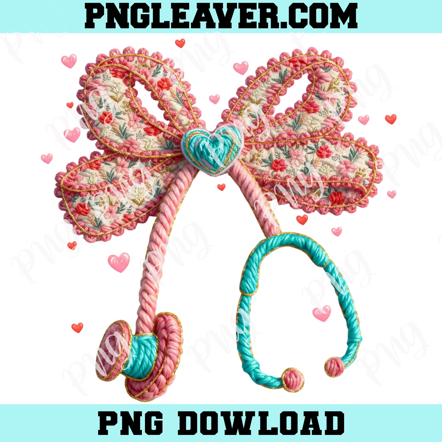 Bow Valentine Nurse Png, Faux Embroidery Floral Bow Png, Coquette Stethoscope Png