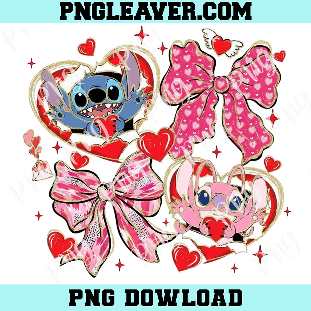 Valentine Cartoon Stitch Coquette Bow Design PNG, Pink Valentine Cartoon Character PNG