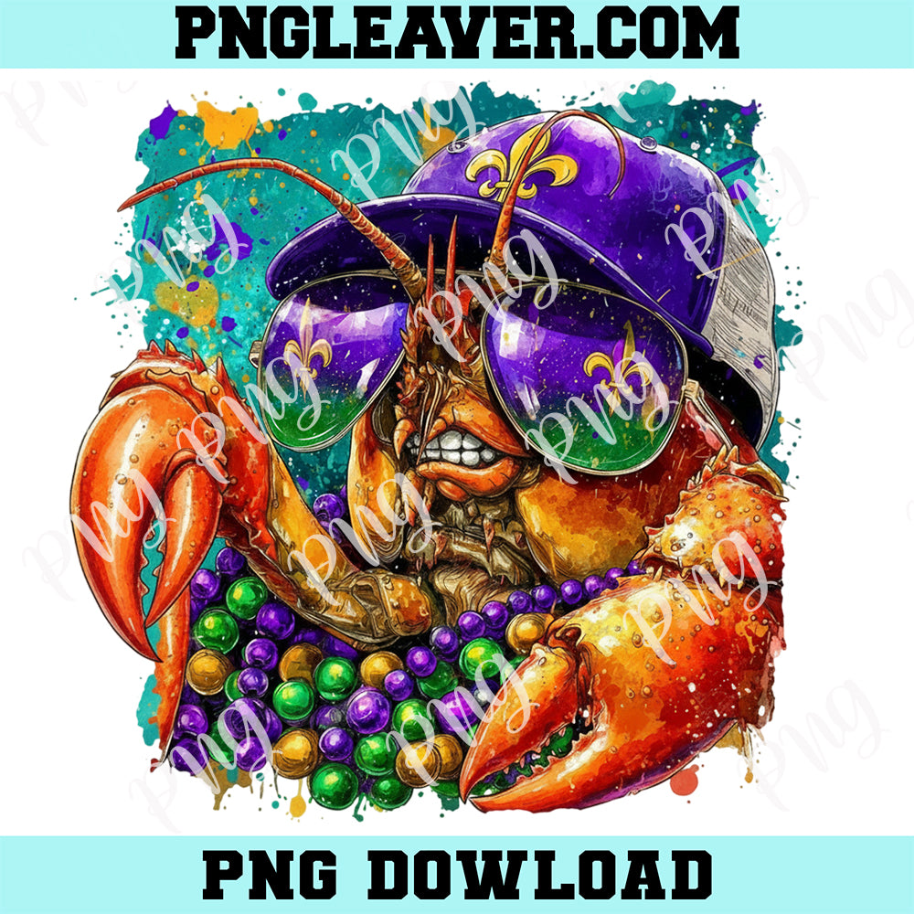 Vibrant Mardi Gras Crawfish PNG, Mardi Gras Watercolor Png, Funny New Orleans Mascot Png
