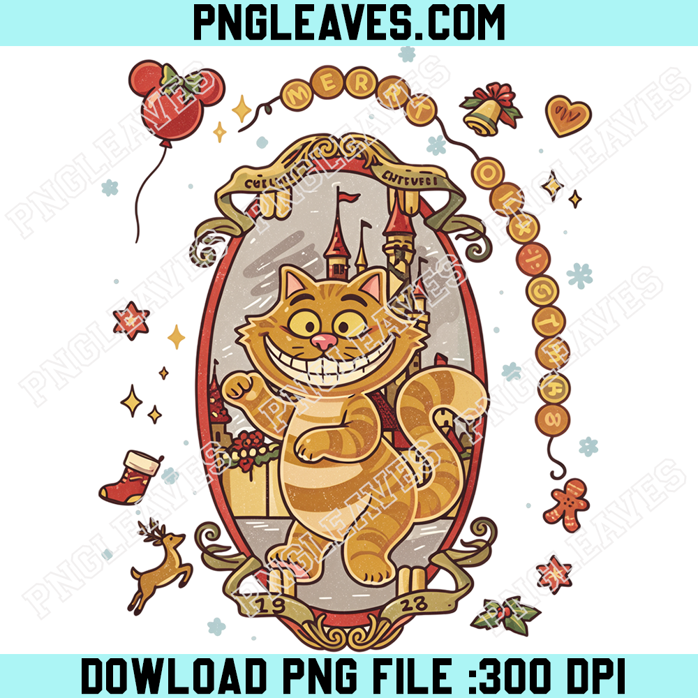 Vintage Cheshire Cat Christmas Castle PNG, Alice In Wonderland Holiday Portrait PNG