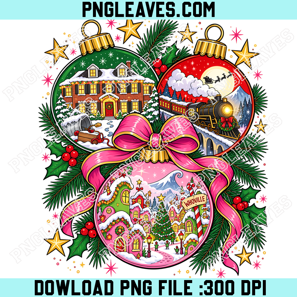 Vintage Christmas Ornament Trio PNG, Pink Bow Holiday Village Sublimation Design