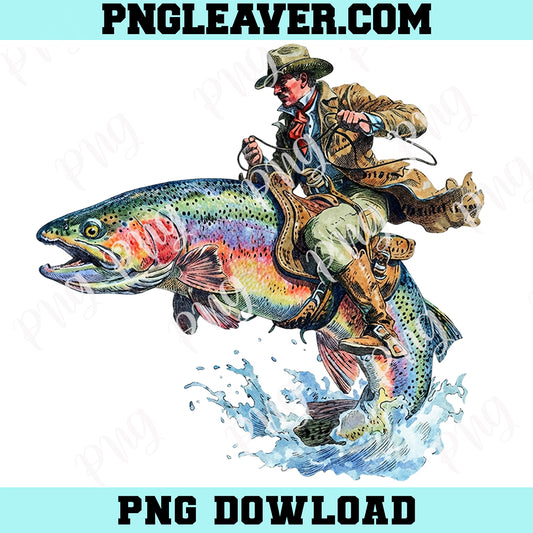 Vintage Cowboy Riding Trout Png, Western Fishing Png