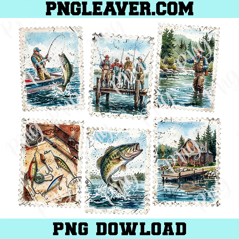 Vintage Fishing Stamp Set Png, Retro Angler Png, Fishing Vitage Png