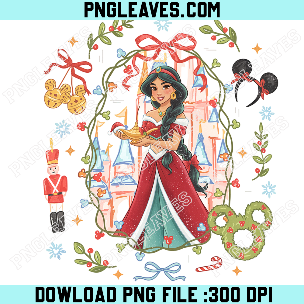 Vintage Jasmine Christmas Princess Castle PNG, Disney Princess Red Gown Holiday Art PNG