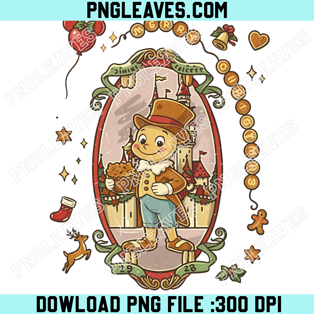 Vintage Jiminy Cricket Christmas Castle PNG, Classic Disney Pinocchio Holiday Art PNG