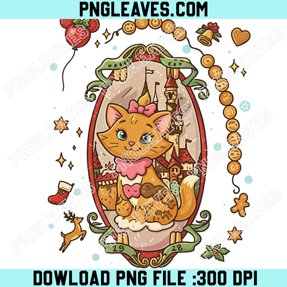 Vintage Marie Cat Christmas Castle PNG, Aristocats Holiday Pink Bow Art PNG