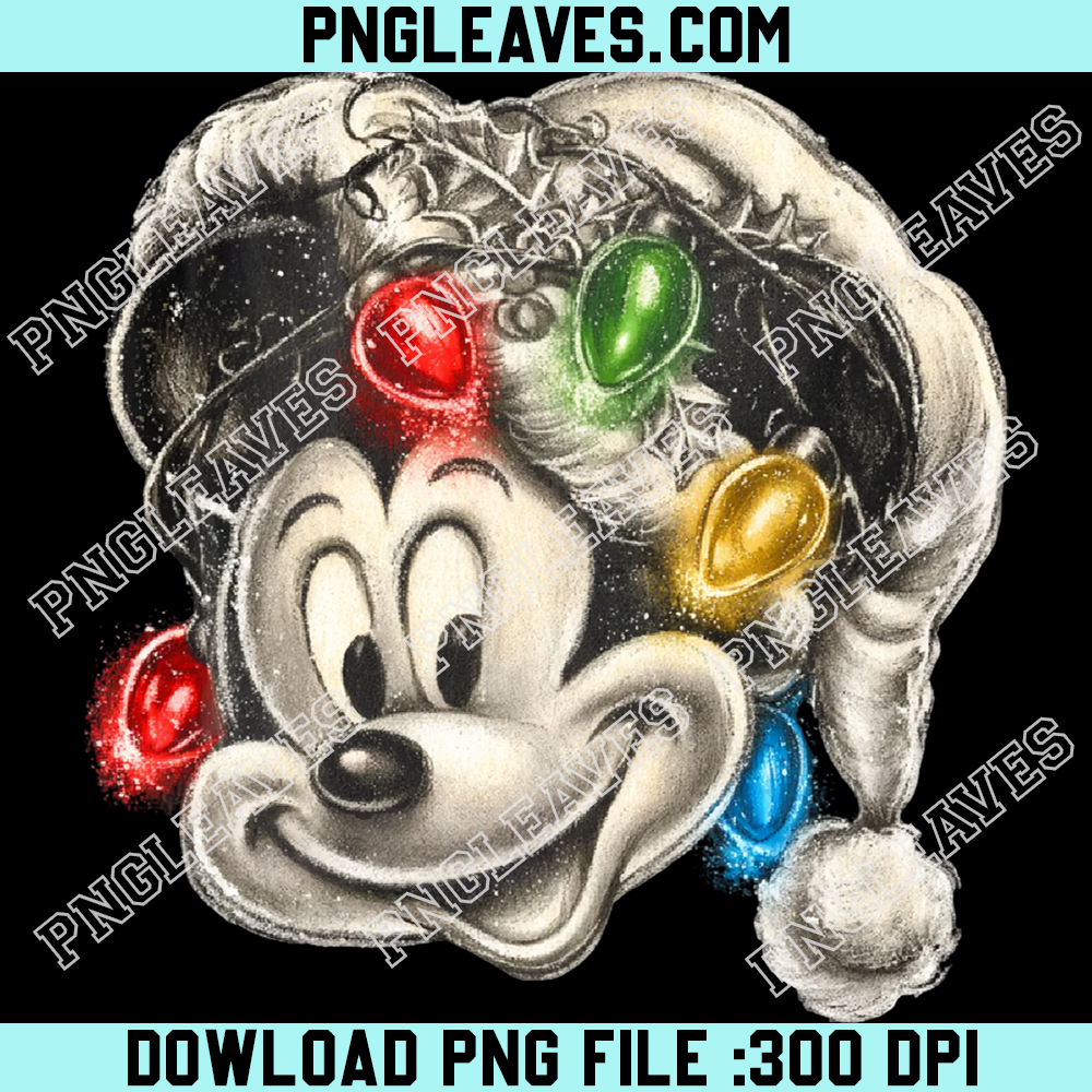 Vintage Mickey Mouse in Santa hat with lights PNG, Retro Mickey Christmas face PNG