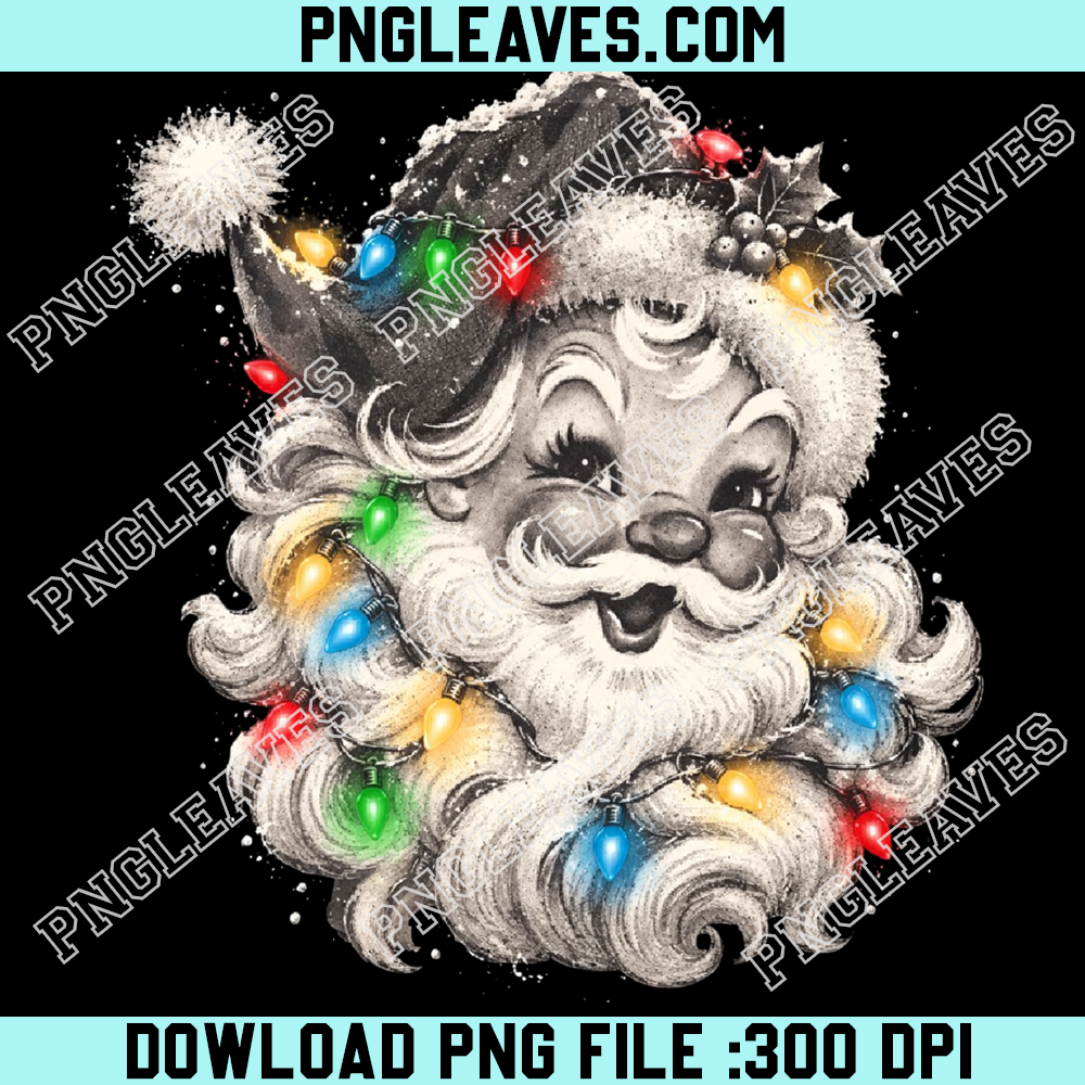 Vintage Santa Claus face with Christmas lights PNG, Retro Santa holiday portrait PNG