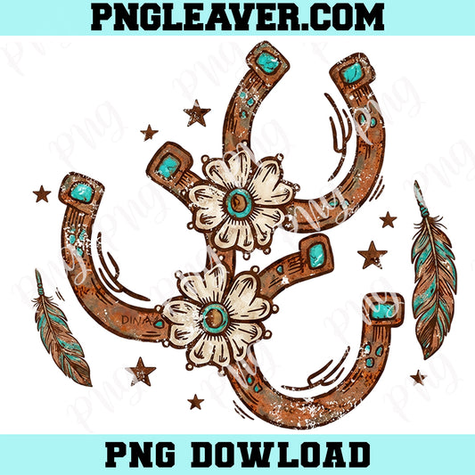 Vintage Western Cowgirl Png, Boho Horseshoe Floral Teal Turquoise Distressed Png
