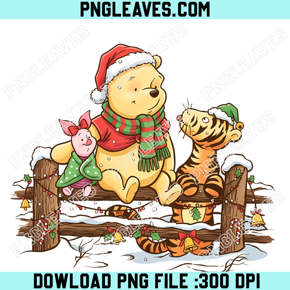Winnie Pooh Piglet Tigger Christmas PNG, Cozy Winter Friends on Wooden Fence Design